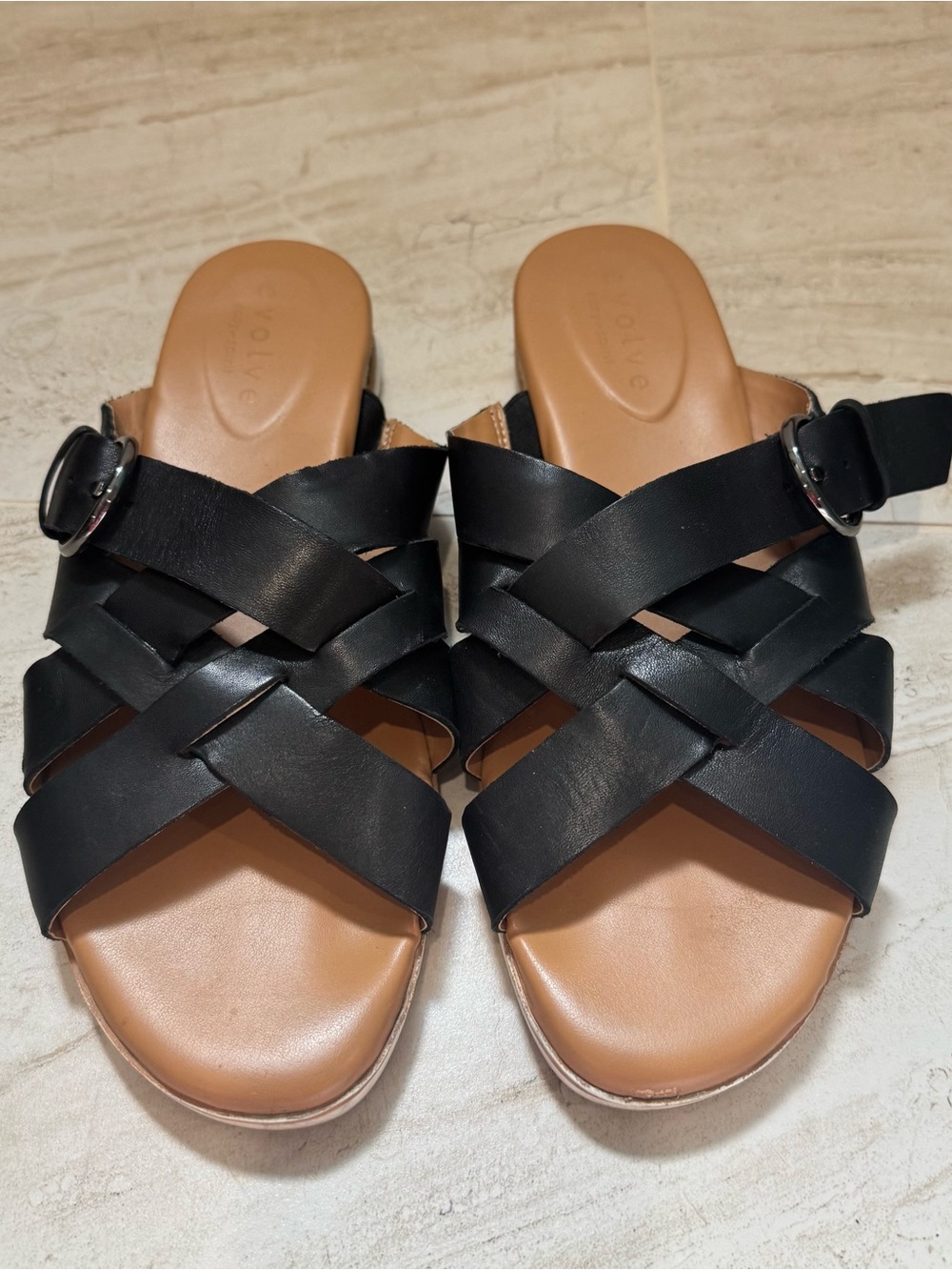 Easy Spirit Black Crisscross Slide Sandals with Tan Footbed